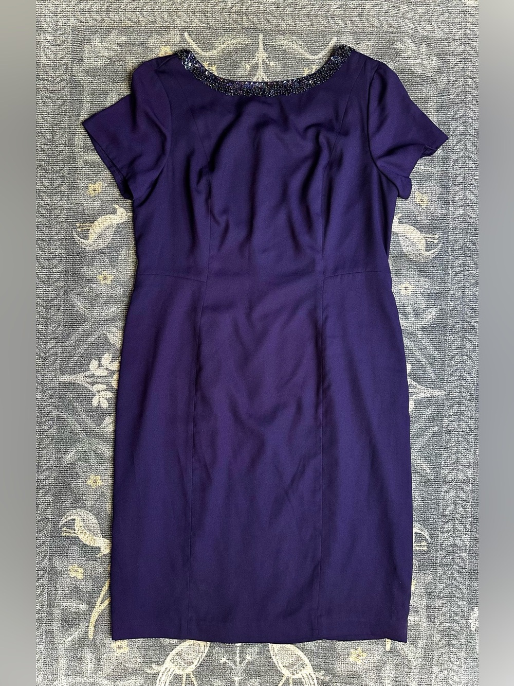 Talbots Purple Beaded Sequin Neck Short Sleeve Sheath Midi Dress Sz 12